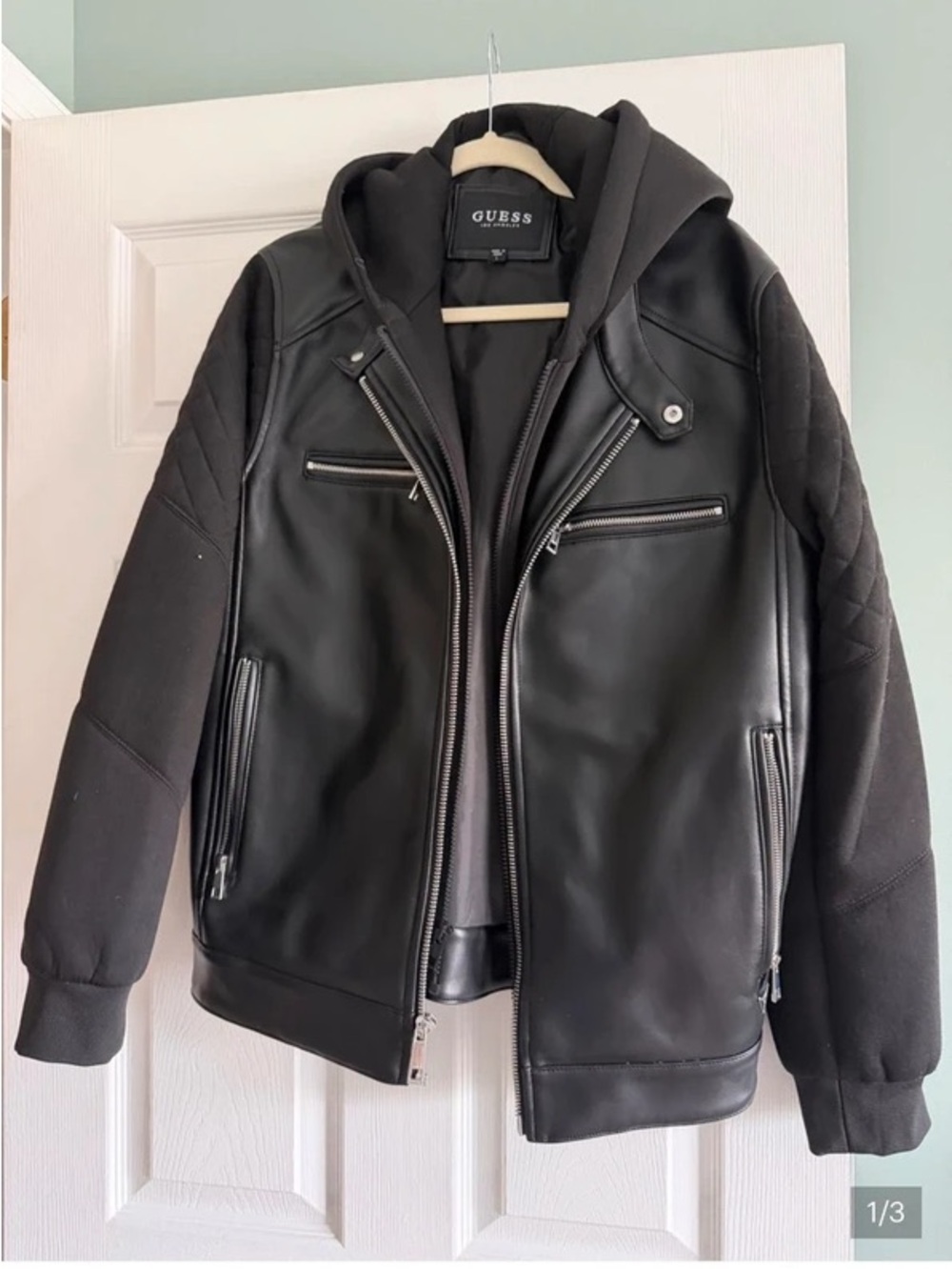 GUESS Black Leather-Front Bomber Jacket with Hood